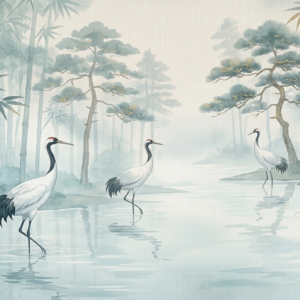 Serene Japanese Crane in a Mist Forest (Light)